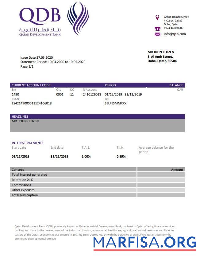 Printable Qatar Development bank statement word download for verification